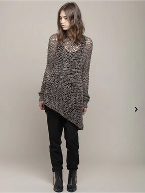 Helmut Lang Asymmetric Hem Loop Knit Tunic Textured Open-Knit Alpaca Tape